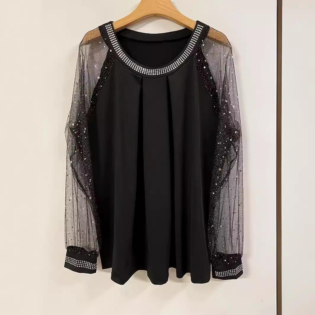 

women s Rhinestone Collar Cuff Sheer Mesh Long Sleeve Round Neck Pleated Loose Fit Casual Blouse Top 5XL