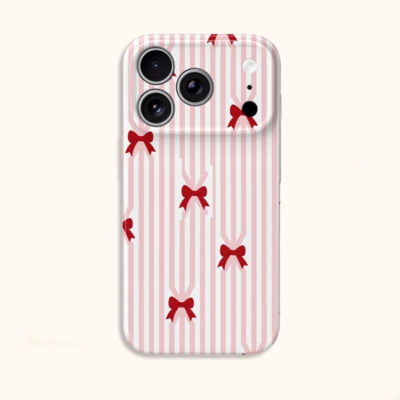 Precious Sweet Pink Striped Red Bow Pattern Film Aesthetic Protective Shockproof Bumper Phone Case For iPhone 13 14 15 16 17 Pro Max Plus