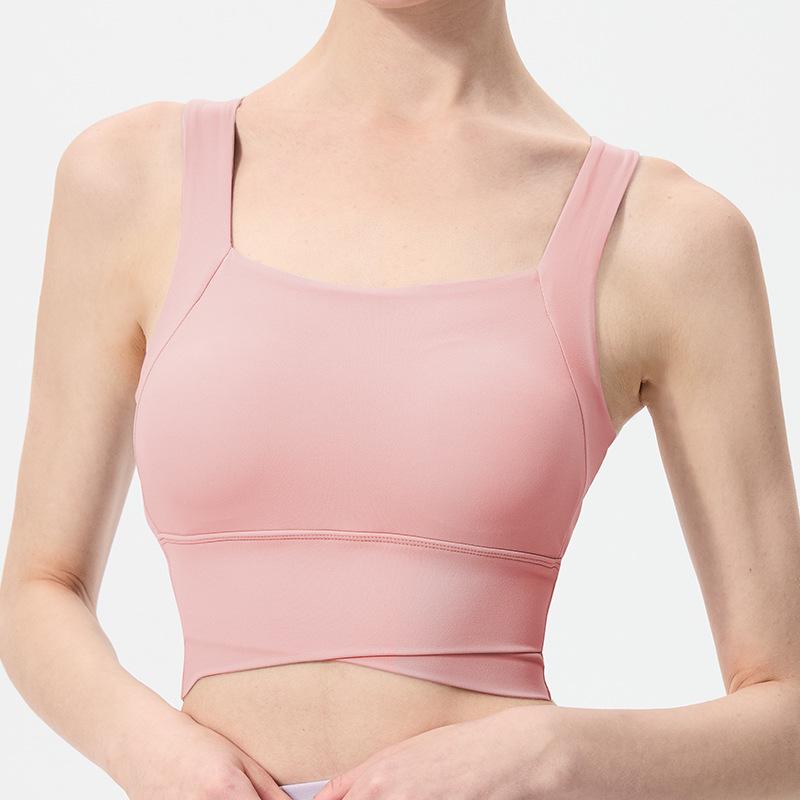 Nude Feel Cross Back Shockproof Women's Sports Bra - Fixed Cup Fitness & Running Vest for High-Intensity Workouts