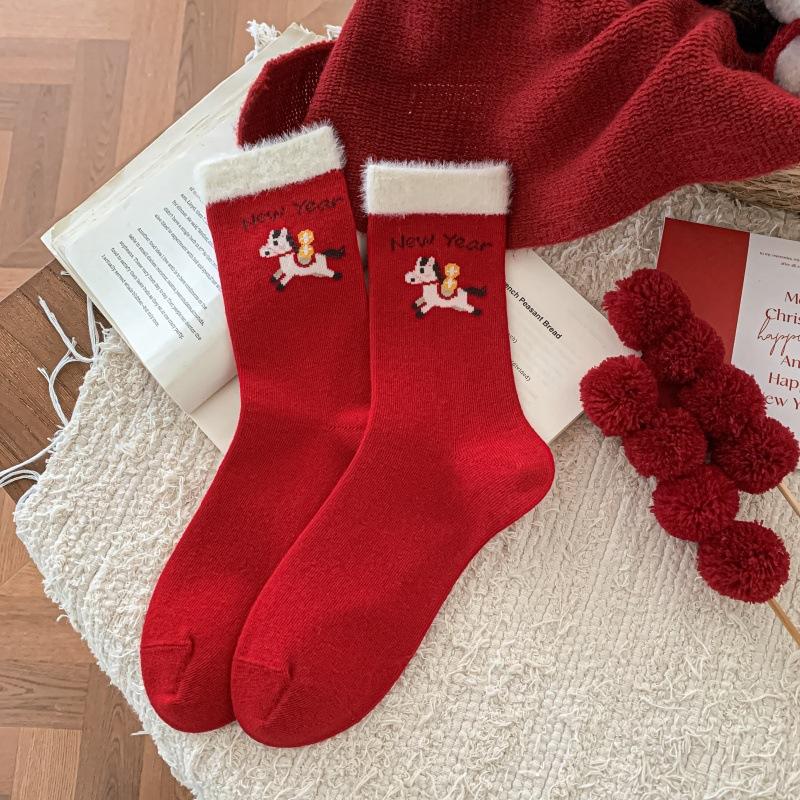 "Jahr des Pferdes Reichtum" Große Rote Socken Gekämmte Baumwollsocken Frieden und Freude Neujahrssocken