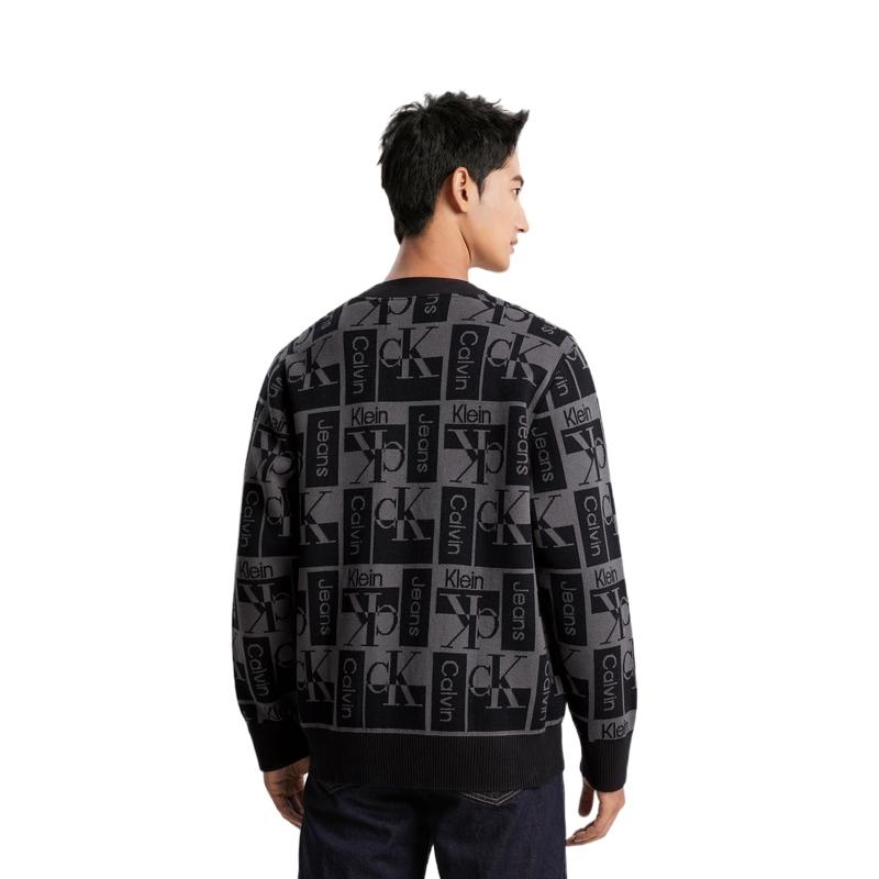 Calvin Klein Letter Jacquard Button V-Neck Knit Sweater Men Sweater Space-Black J324798BEH