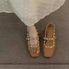 Fashion Cutout Naked Apricot Temperament Sandals Women's Summer New Rivet Fairy Square Toe Flat Mary Jane Sandals