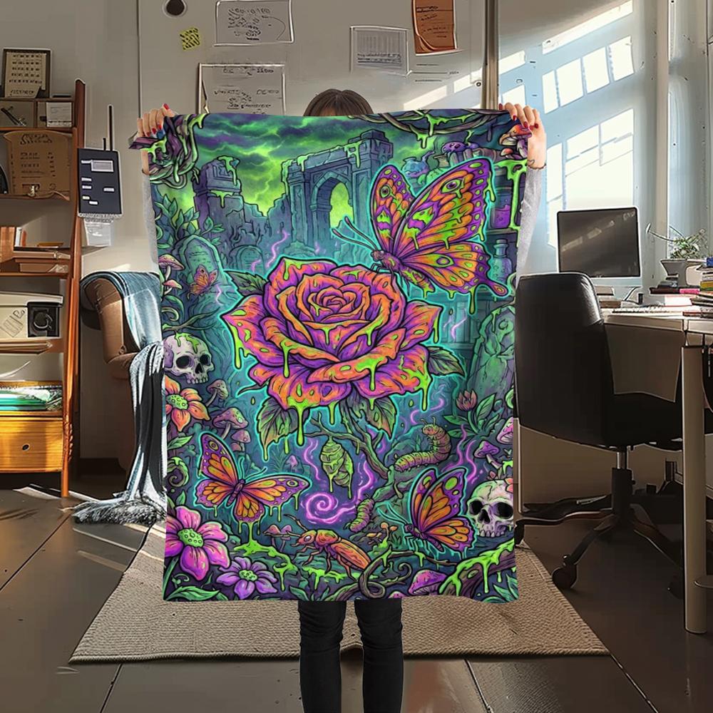 Corrosive Acid Skull and Rose Print Flannel Blanket,High Quality Comfortable for All Seasons,Home Decor,Warmth and Comfort,Perfect for Christmas Gifts
