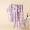 Pajamas women's pure cotton spring and summer thin unprinted plaid homewear short-sleeved trousers set loose large-size homewear
