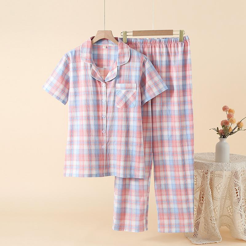 Pajamas women's pure cotton spring and summer thin unprinted plaid homewear short-sleeved trousers set loose large-size homewear