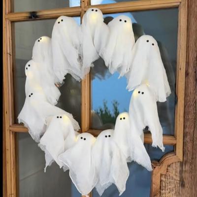 Halloween Ghost Wreath with 12 LED Lights Small Light-up White