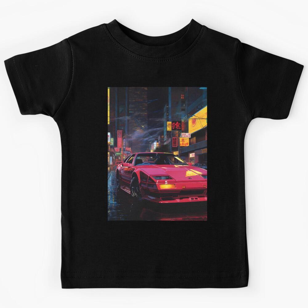 Retro Futuristic Street Racing Red Sports Car and Night City of the Future Kids T-Shirt 150