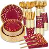 140 Pcs Burgundy and Gold Party Supplies Gold Dot Disposable Dinnerware - Paper Plates Napkins Cups Gold Plastic Forks Knives Spoons for Christmas