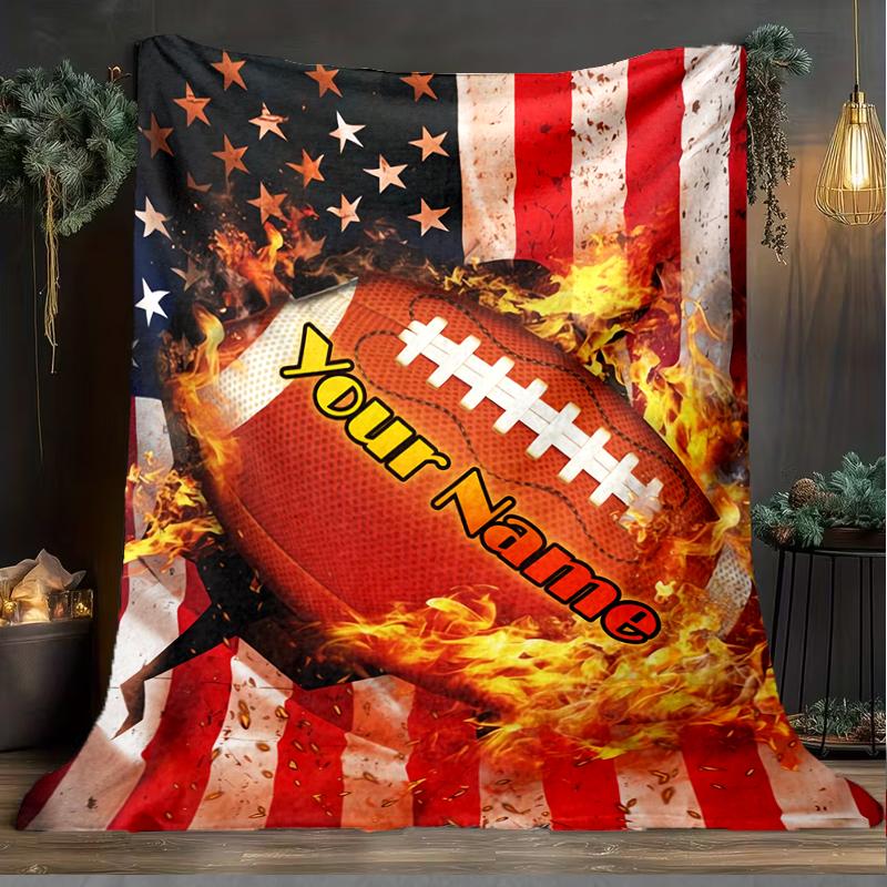 1PC Custom Name American Football Firework outdooor Flannel blankets Patterns Throw Blanket All-Season Soft Gift for Couch, Bed, Camping gifts