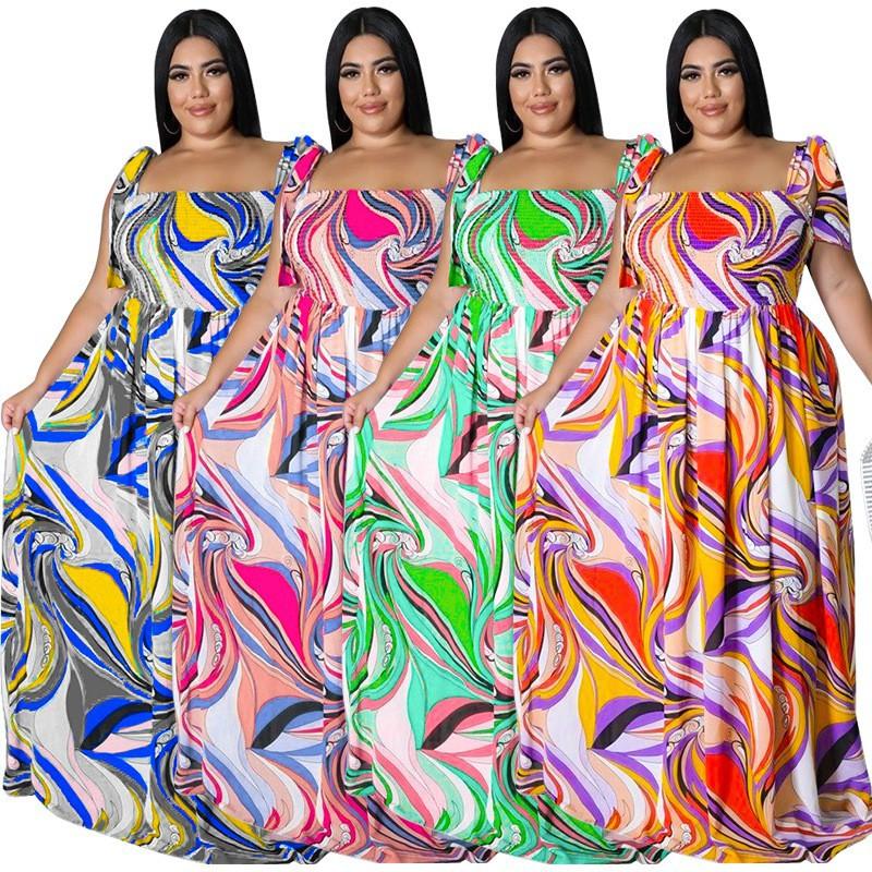 Plus Size Womens Off-Shoulder Ruched Strap Maxi Dress With Bow Print Milk Silk Sleeveless Flowy Skirt Streetwear