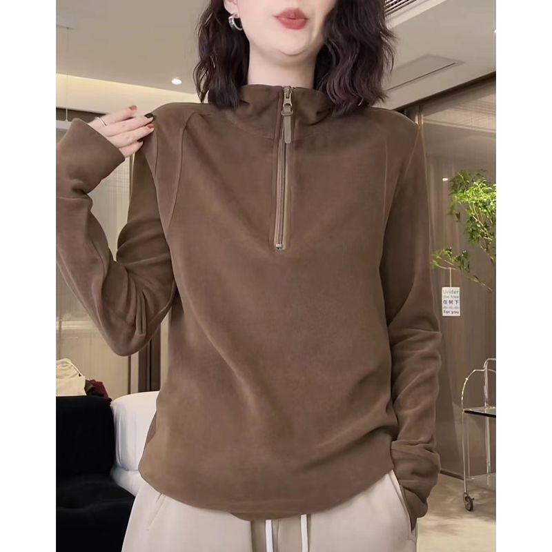 Samt-Kapuzenpullover mit Stehkragen und Reißverschluss in Übergröße für Damen - Schlankmachend, Makelverbergend, Vielseitiger Basisschicht für Herbst/Winter