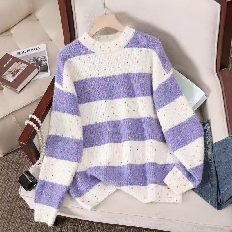 New special yarn half-height round neck loose thickened warm color matching horizontal strip with knitted top sweater women