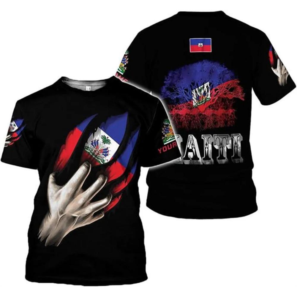 Haitian Flag Pattern Men's T-shirt 3D Printed Haiti National Emblem Short Sleeves Fashion Tops T Shirts National Day Tee Shirt