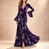 Women's Floral Print V-Neck Long Bell Sleeve Evening Dress with Cinched Waist and Flared Hem