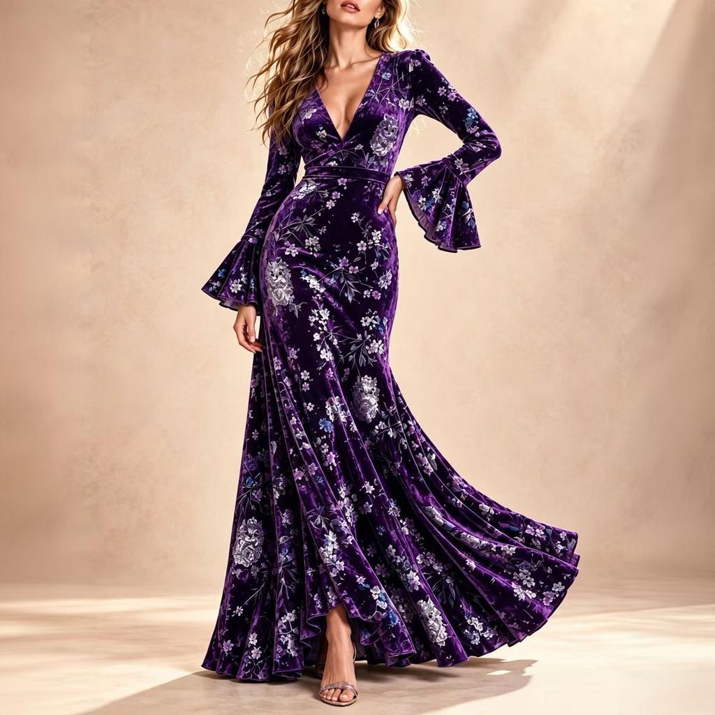 Women's Floral Print V-Neck Long Bell Sleeve Evening Dress with Cinched Waist and Flared Hem