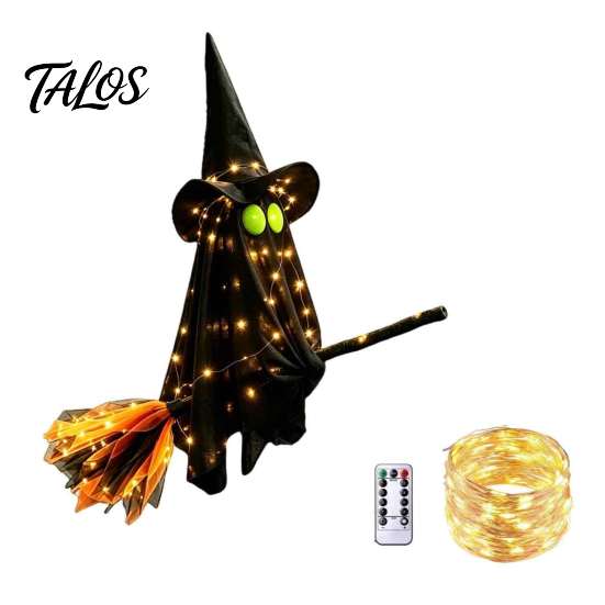 Whimsical Ghost Witch Figurine Halloween Flying with Broom, Large Lighted Hanging Decoration Glowing Window Hat for Lawn Patio Porch Backyard