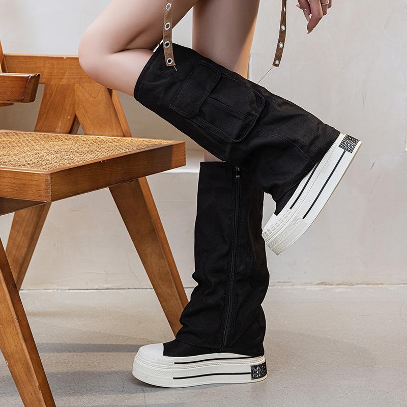 

12СМ высота, толстая подошва, парусиновые ботинки, женские, двухслойный, нерегулярный дизайн, рабочие ботинки, присборенные брюки, высокие ботинки, популярная обувь 40