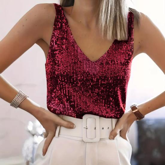 Women Tops Deep V-Neck Sparkling Sequins Design Sleeveless Vest Loose Fit Party Camisole Nightclub Wear