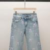Womens High-Waisted A-Line Denim Pants With Bow Detail Pink Casual Chic Trousers Style