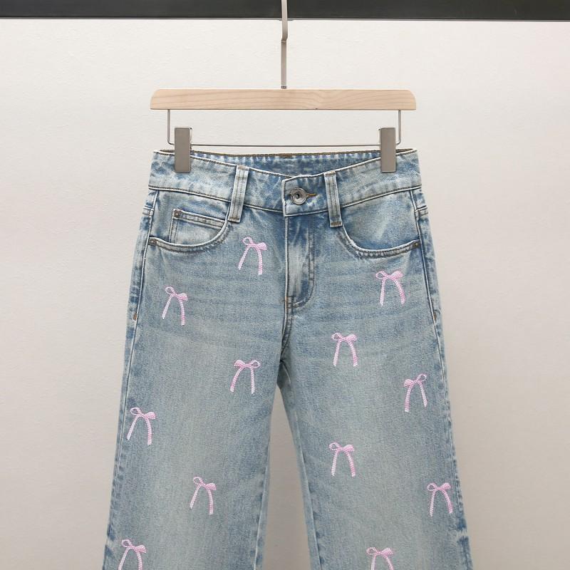 Womens High-Waisted A-Line Denim Pants With Bow Detail Pink Casual Chic Trousers Style