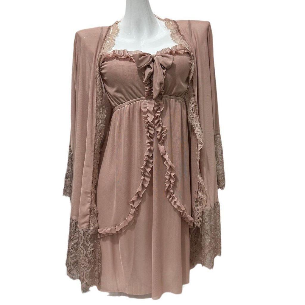 Elegant Sweet Simple Women Robe Gown Sets Chic Lace Bow Sleepwear Breathable Slim Nightdress