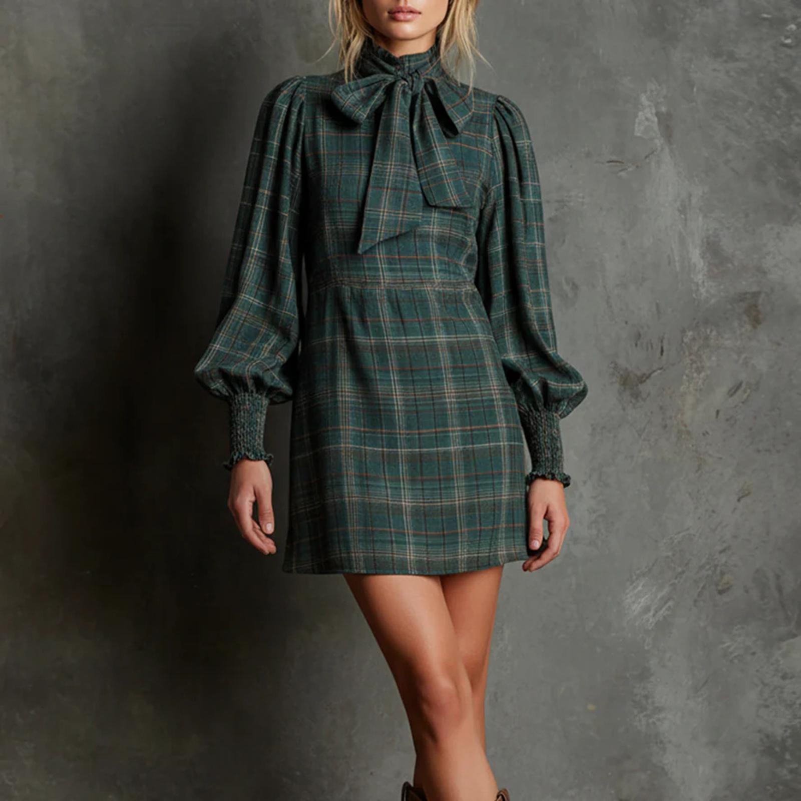 

Women s Long Sleeved Casual Retro Loose Waist-cinching Dress M