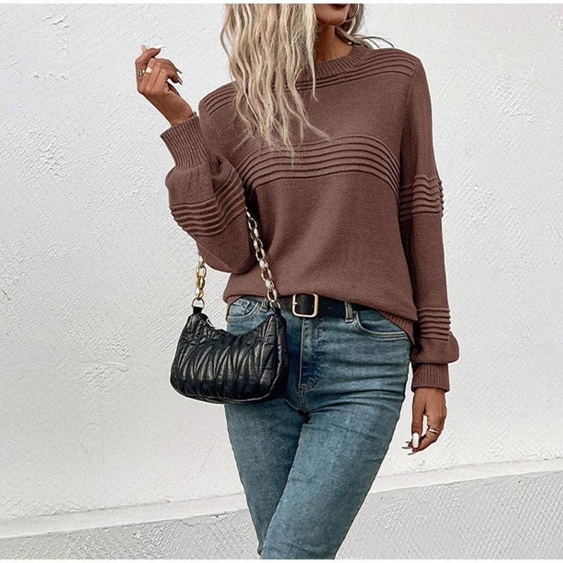 Autumn Casual Top Multi-Color Crew Neck Long Sleeve Jacquard Solid Color Women Sweater