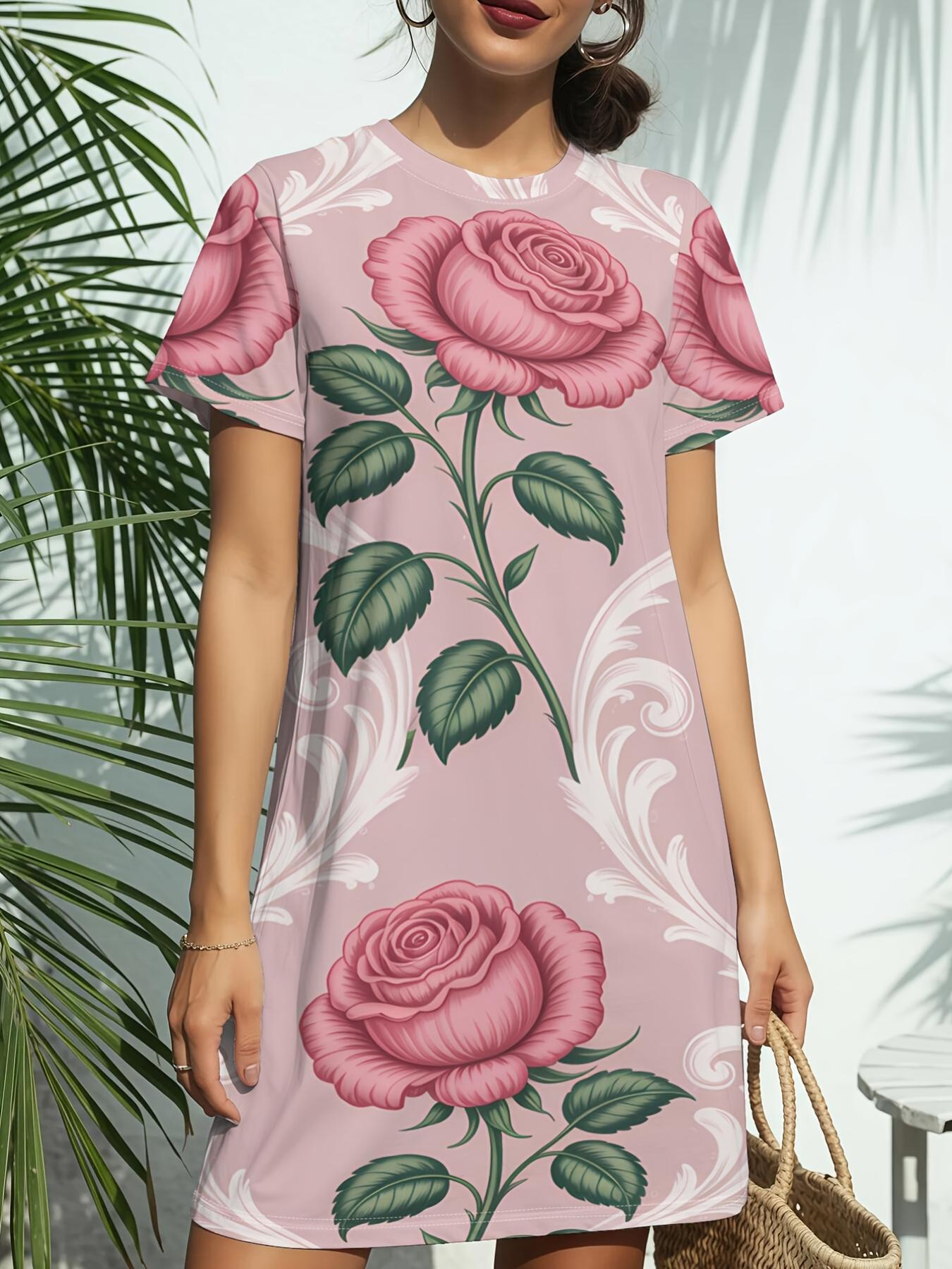 

Women s Short-Sleeve T-Shirt Dress with Round Neck - Vintage Rose Paper Print Blouse-Fit Suitable for Daily Wear. Casual Outfits ; Birthday Gifts. Spr M дубильная кора