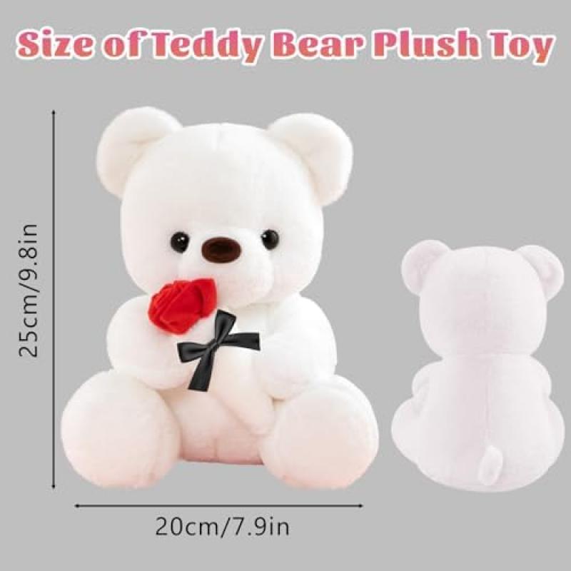 LIHIQIYA White Teddy Bear 25cm, Teddy Bear Holding Rose Plush Toy, Valentine's Day/Easter Gift for Girlfriend Wife