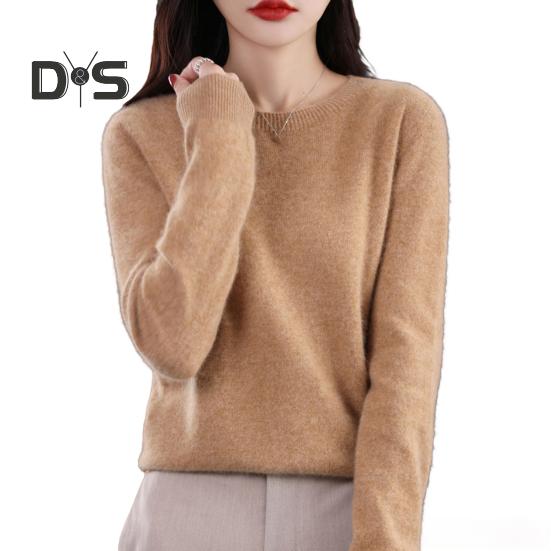 Women Bottoming Sweater Imitation Cashmere Crew Neck Sweater Long Sleeve Solid Color Slim Fit Ribbed Trim Knitting Tops