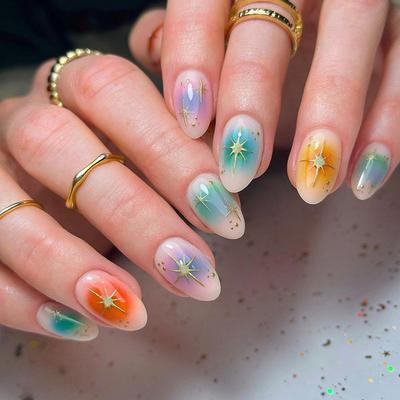 Short Round Head European and American Fake Nails Colorful Star Training Special Film Nails