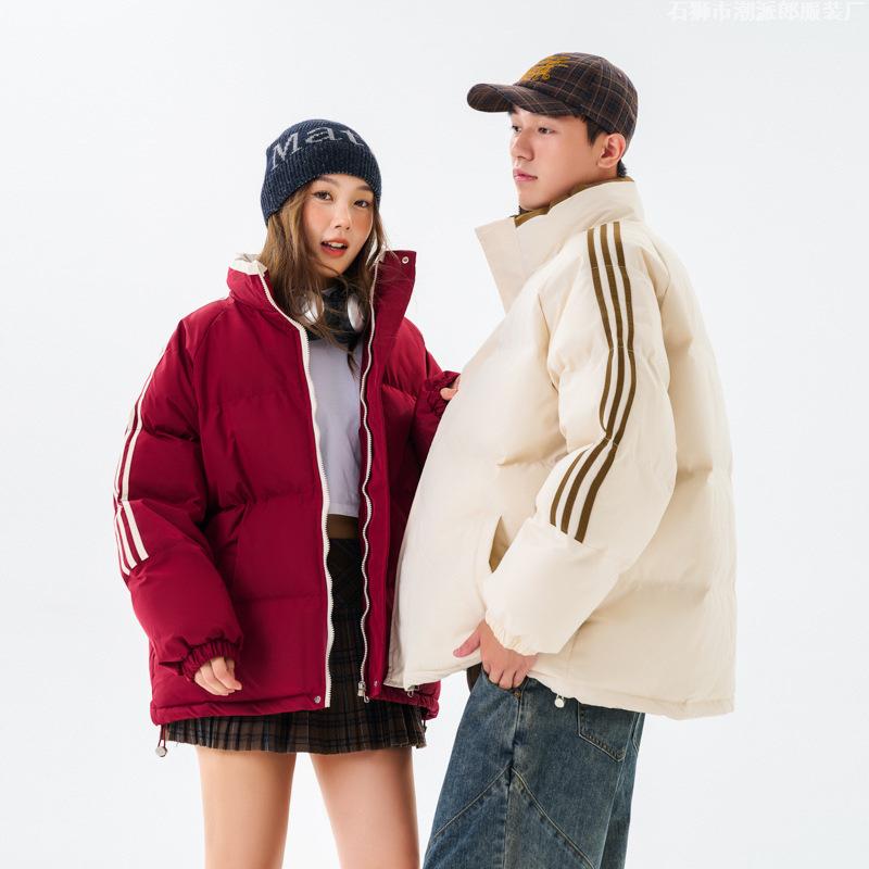 Padded clothes men's and women's same stand-up collar loose padded clothes jacket warm striped bread clothes padded jacket