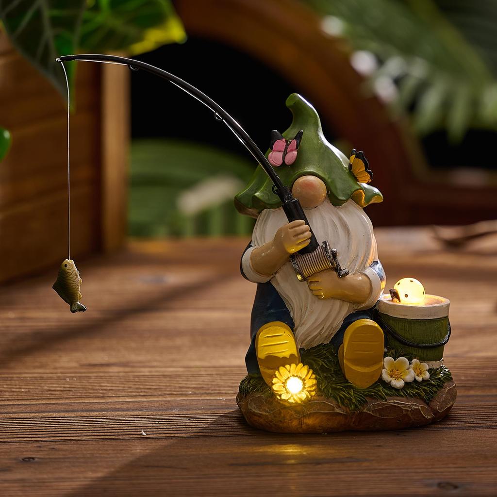 Valery Madelyn Gardening Goods Gardening Ornament Earth Fairy Gnome Fishing Day Garden Light Solar Light Outdoor Garden Decoration Garden Ornament Out