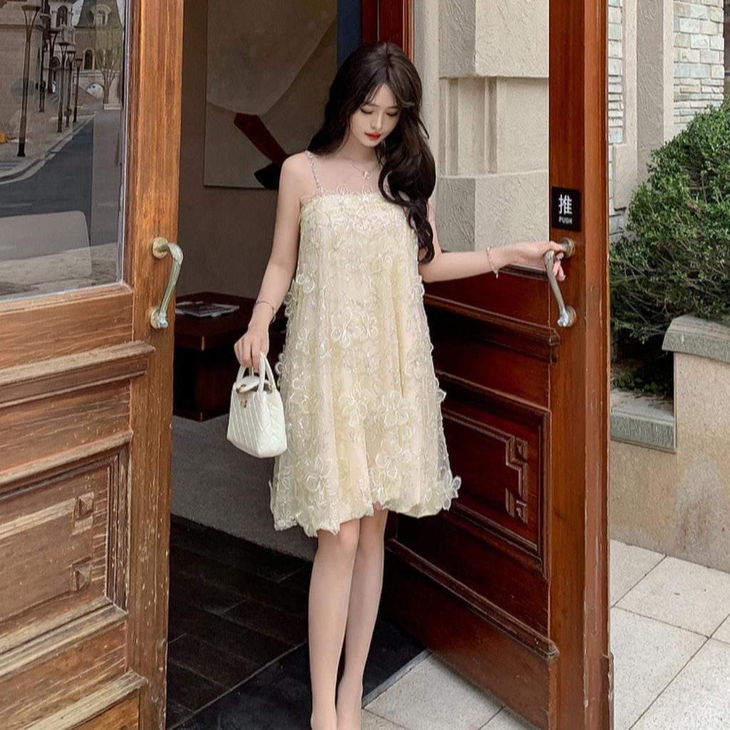 Damen schulterfrei ärmellos Mini-Kleid lockere Passform mittlere Taille elegant Pailletten floral A-Linien-Kleid