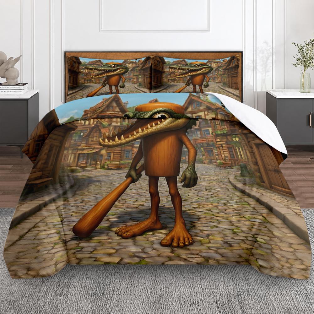 3 Piece Bedding Set Cartoon Alligator Popsicle Body Holding Bat Medieval Village Duvet Cover Set, Whimsical Bedding for Kids Teens Bedroom Decor