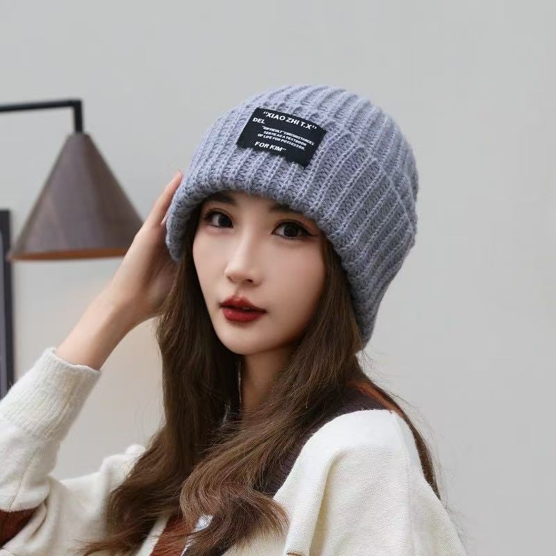 Autumn and Winter New Letters Versatile Big Head Circumference Warm Stack Hat Knitted Wool Hat Women's Thickened Hat