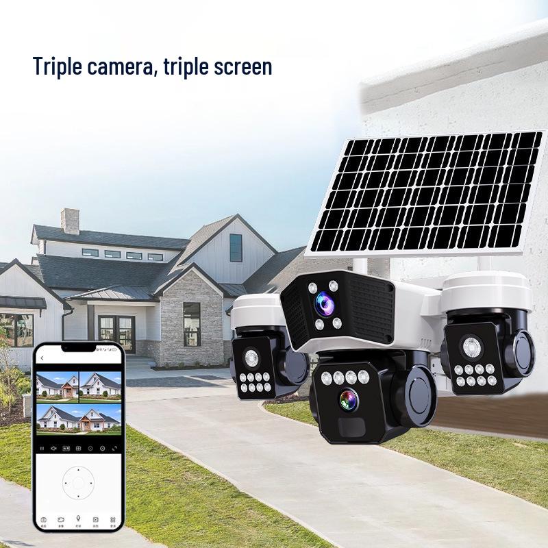 V380 Smart Home Solar-Powered Multi-Lens Dome Camera with Full-Color Night Vision and Waterproof Design