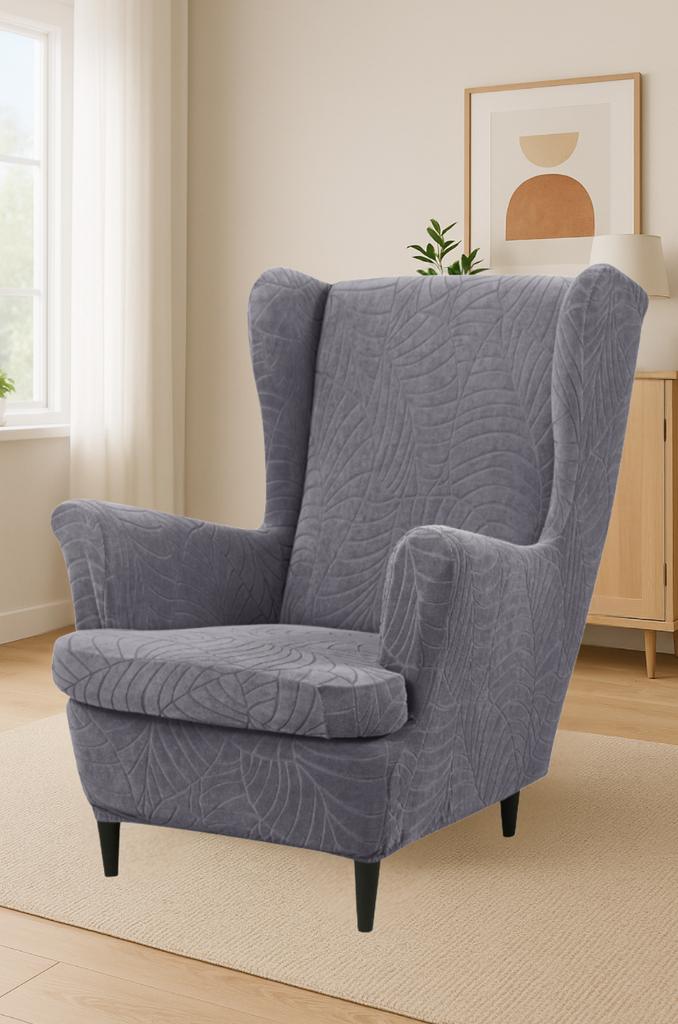 Wingback Chair Cover Gray Velvet Jacquard Patterned Elastic [30-Z3-Sz]