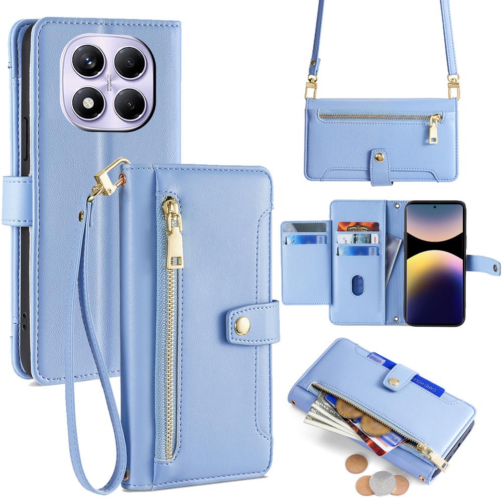 For Xiaomi Redmi Note 14 Pro 4G Case Zipper Pocket Wallet Leather Phone Cover with 2 Straps