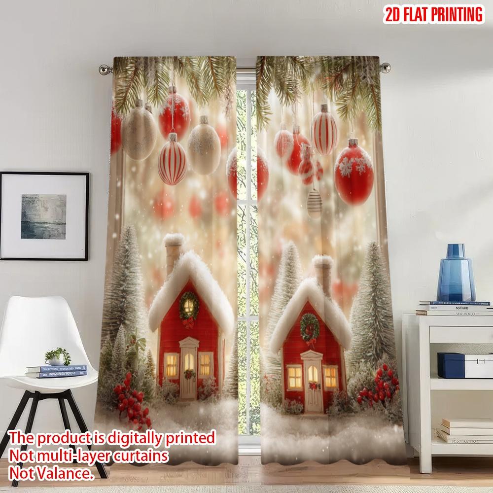

Flat Printing Happy Christmas Fashion Curtains Cozy Red Houses Snowfall Ornaments Digital Printed Polyester Drapes Party Curtain Set Of 2 Made W100*H70(CM)-Rod Pocket&1PCS