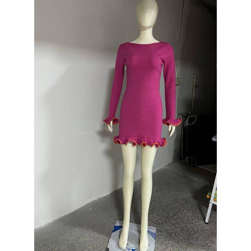 

Fashion Wind Fashion Sexy Ruffles Hemming Knitted Dress Knitted Rolled Edge Dress Rose Red S