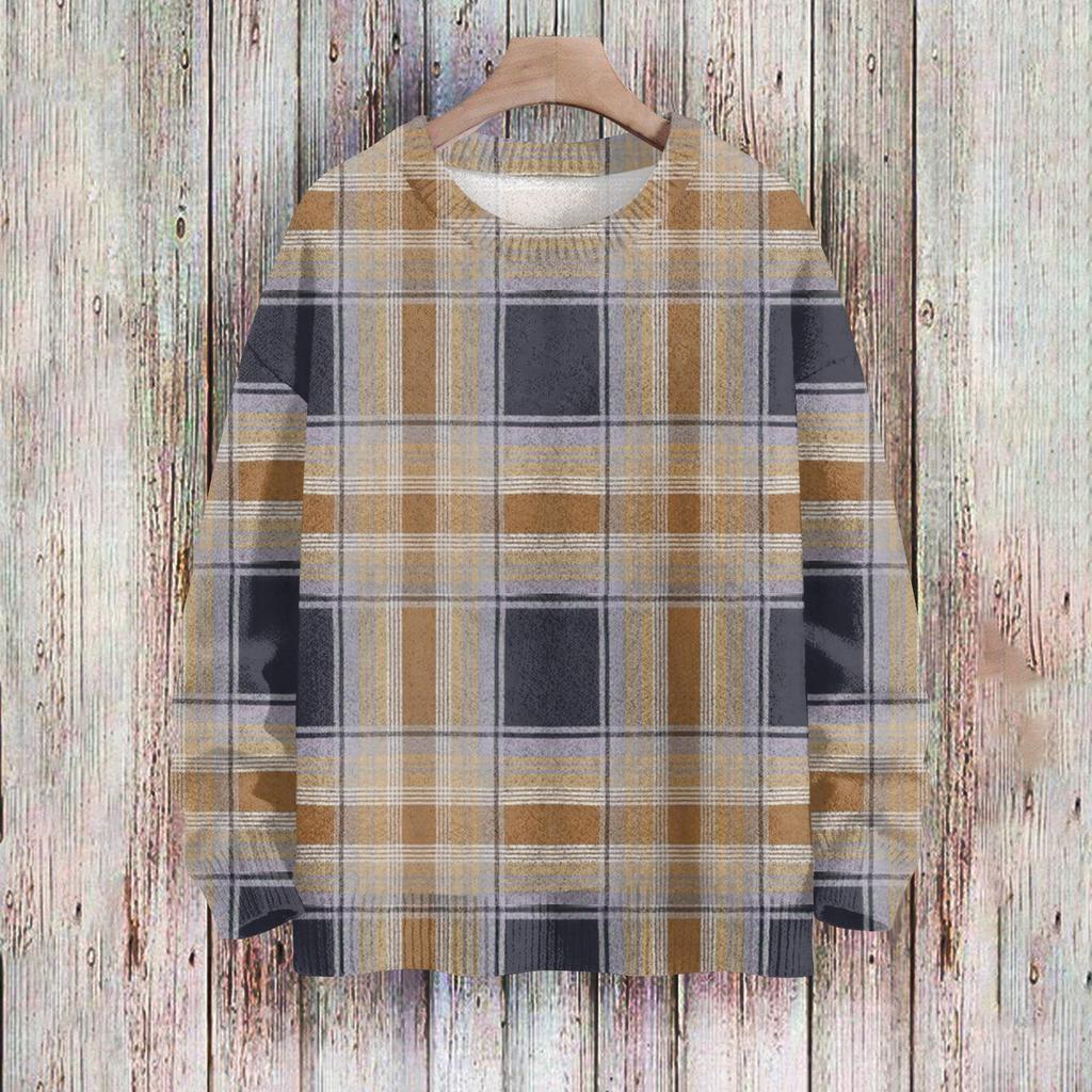 Women's Fashionable Casual Long-sleeved Checkered Printed Round-neck Sweater Knitted Top