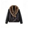 Womens Faux Leather Biker Jacket With Removable Fur Collar Streetwear Chic Outerwear