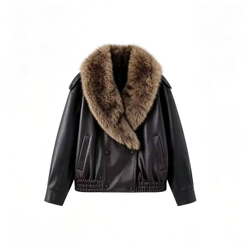 Womens Faux Leather Biker Jacket With Removable Fur Collar Streetwear Chic Outerwear