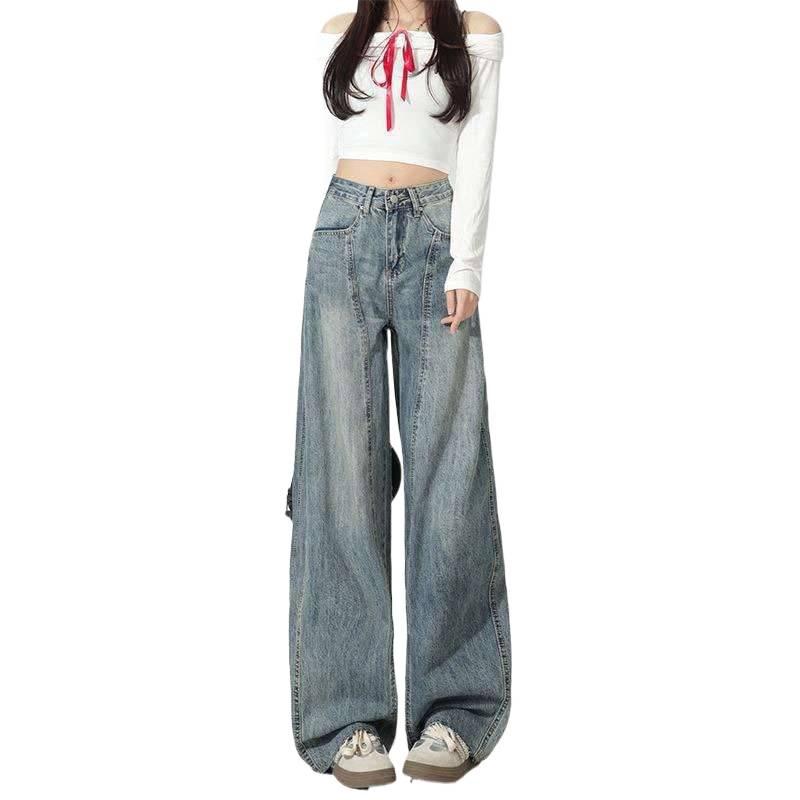 2026 Autumn High-Waisted American Style Women's Wide-Leg Jeans - Loose Banana Drape Casual Floor-Length Pants