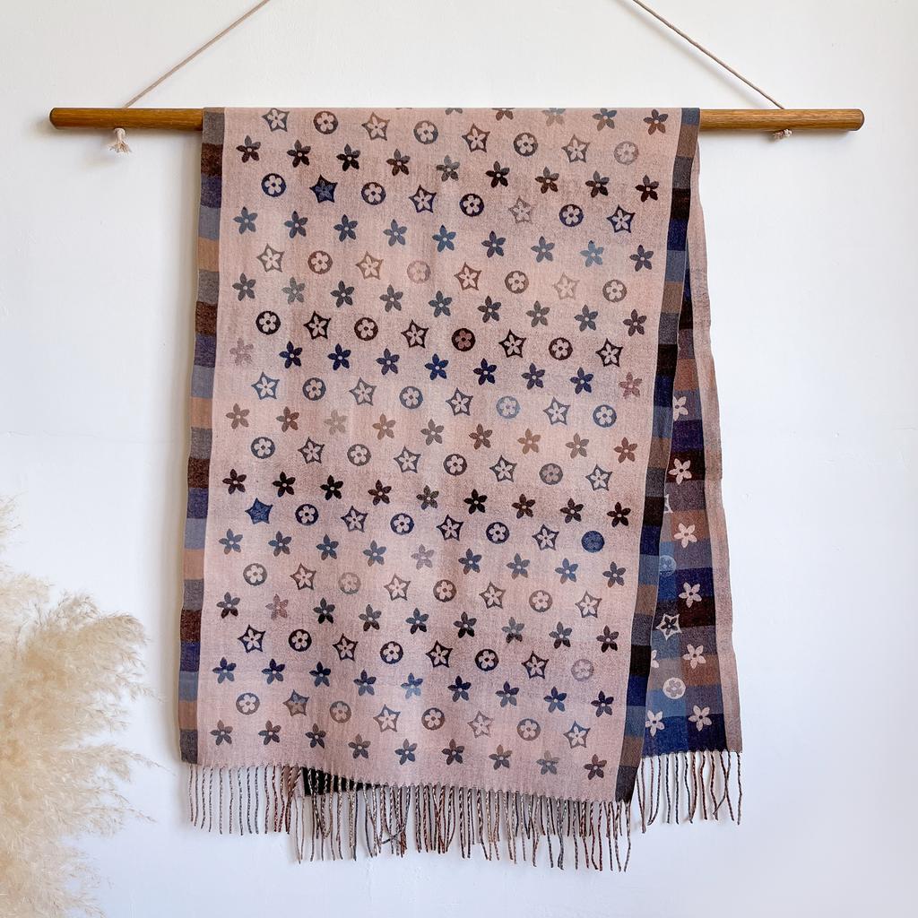 Stylish National Pattern Women's Faux Cashmere Infinity Scarf Winter Warm Two-Sided Thick Floral Print Cozy Shawl Foulard Blanke