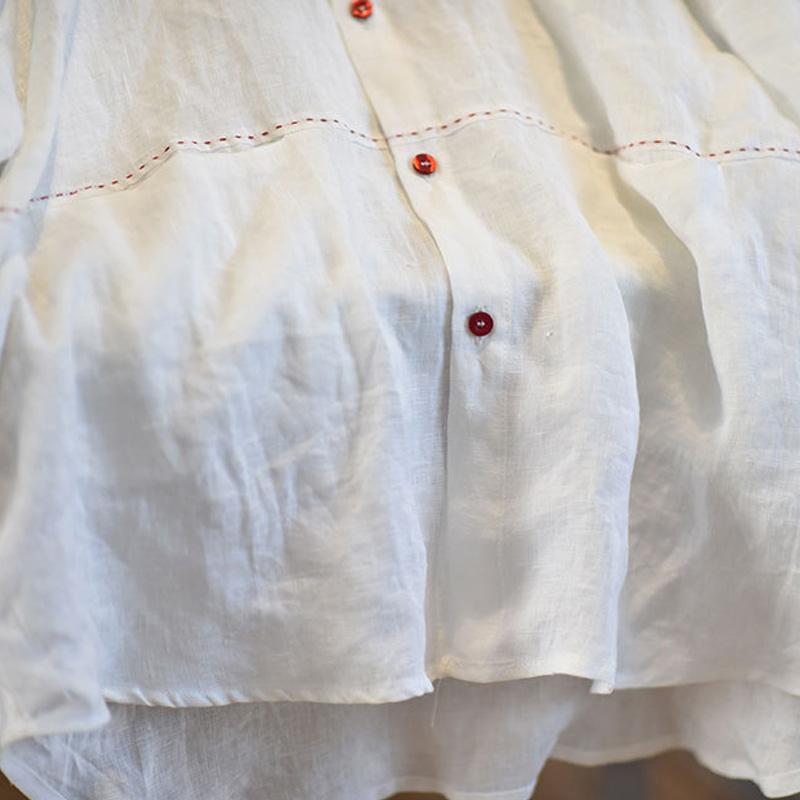 Chemises et Hauts Brodés en Lin pour Femmes Col Revers Bouton Automne Original Vintage Femme Ample Blouse