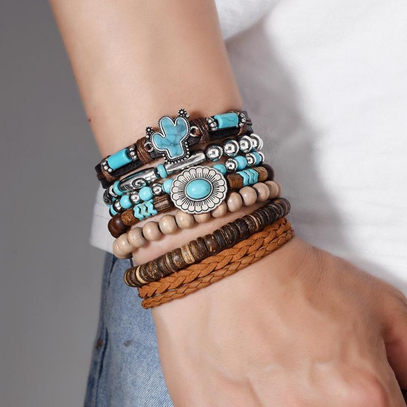 Boho Bracelet Set for Men Leather Braided Wrap Bracelet with Wood Beads Bull Skull & Evil Eye Charm Ethnic Viking Style Jewelry