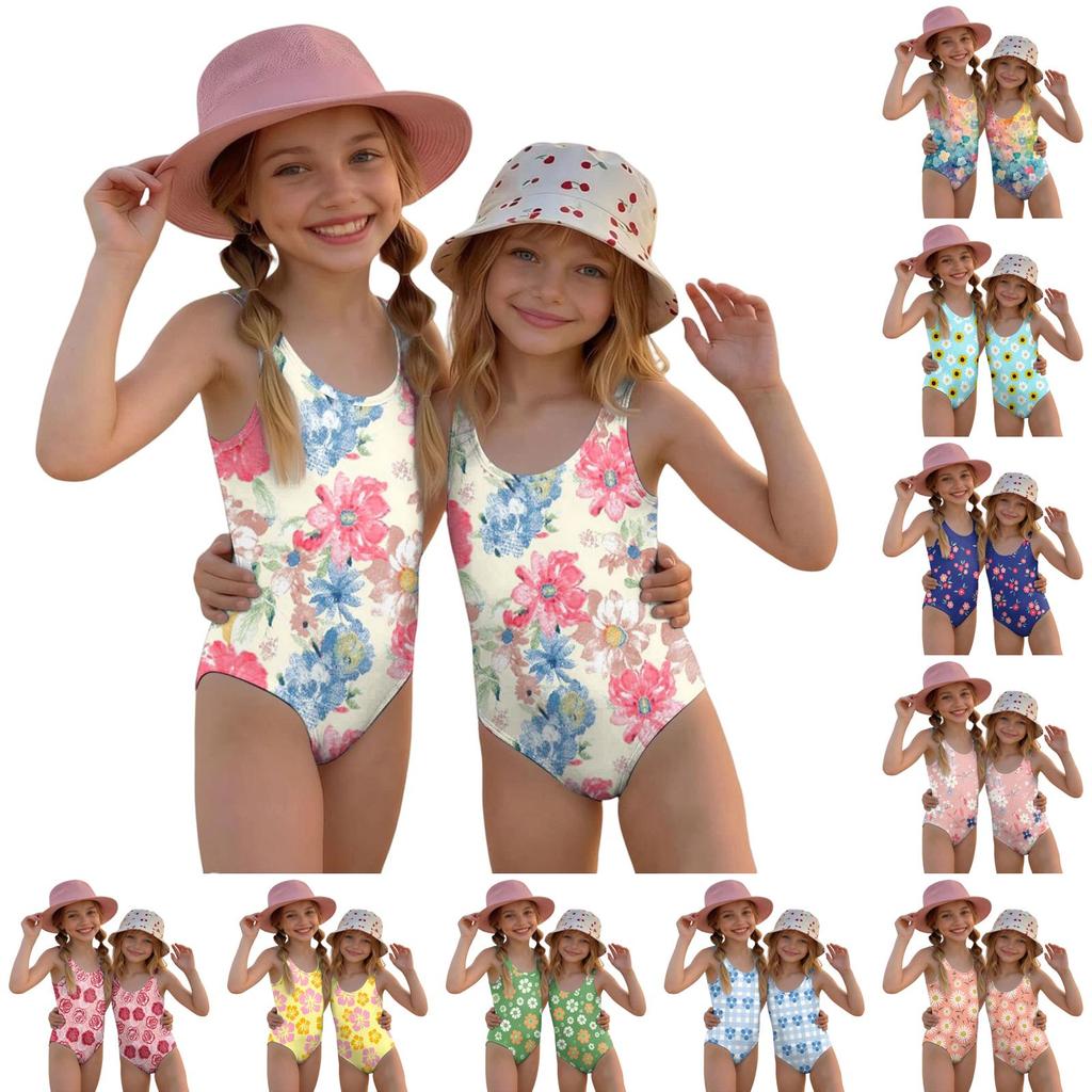 Girls Floral Print One Piece Swimsuit Summer Casual Kids Swimwear Lightweight Comfortable Fabric Suitable for Beach Pool Water Activities