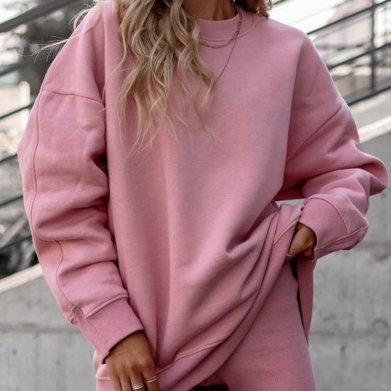 2 Stück/Set Herbst Sweatshirt Hose Set Elastische Taille Lange Ärmel Rundhalsausschnitt Einfarbige Locker Hält Warm Pullover Dick Einfach